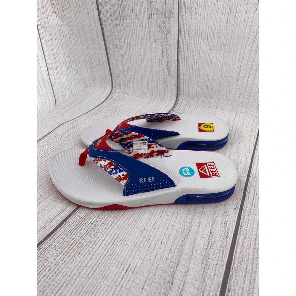 Reef Fanning Flip Flops Mens 9 Patriotic Red White Blue Bottle Opener American